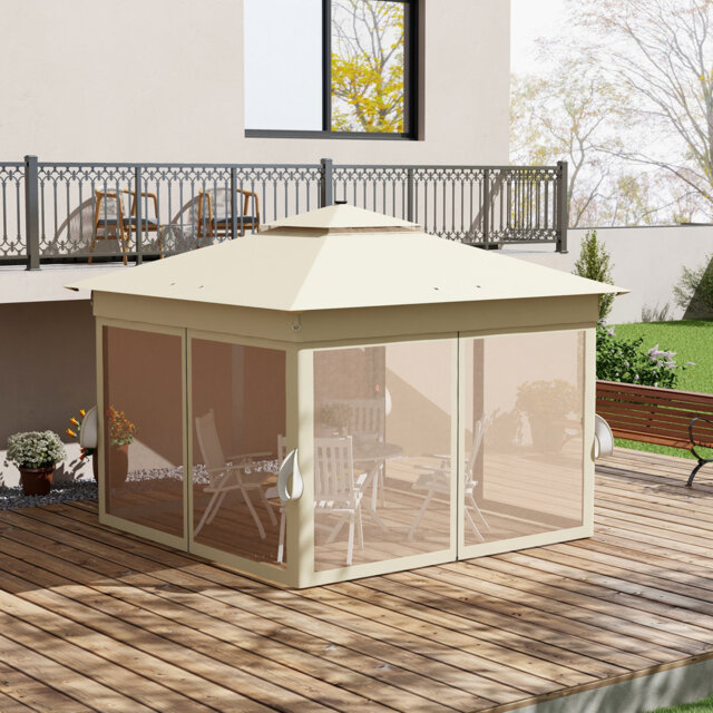 3 X 3m Pop Up Gazebo With Solar Led Lights, Adjustable Height Garden Shelter With Netting, Khaki Outdoor Party Tent With Stakes & Weight Bags