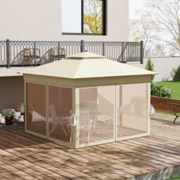 3 X 3m Pop Up Gazebo With Solar Led Lights, Adjustable Height Garden Shelter With Netting, Khaki Outdoor Party Tent With Stakes & Weight Bags