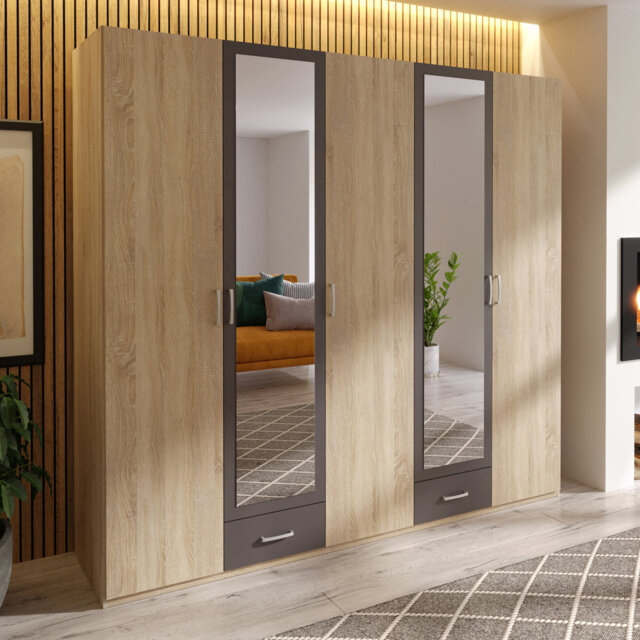 Modern, spacious wardrobe with 4 doors, 2 large mirrors, shelving and clothing rails, engineered wood, warm oak decor / grey, 225 cm W x 210.5 cm H x