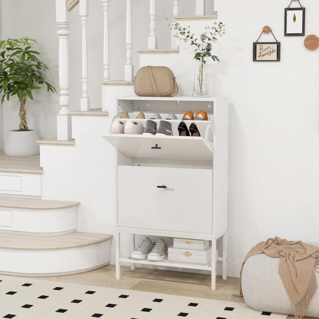 2-Drawer Shoe Cabinet, Pull Down Wooden Shoe Cupboard With 2 Flip Doors And Bottom Metal Shelf, White