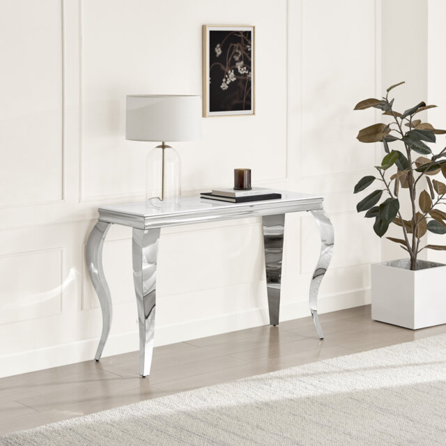 Weissport Rectangular White Marble Glass And Metal Console Table - Elegant Bevelled Edge Finish