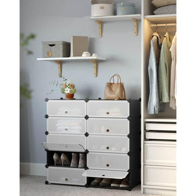 Interlocking Shoe Rack, Rectangular Storage Organiser, 10 Slot Modular DIY Storage Shelf Unit, 40 X 30 X 17 Cm For Each Slot, Plastic Wardrobe With Do