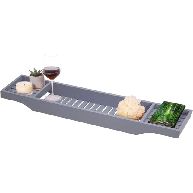 Belfry Bathroom Bamboo Bath Caddy Tray Bridge Wooden Bathtub Tray Rack Tidy Bathroom Shelf Organizer Grey