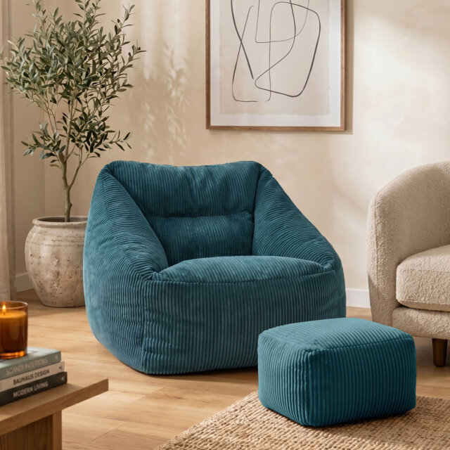Bean Bag Bazaar Natalia Corduroy Armchair Bean Bag and Square Footstool