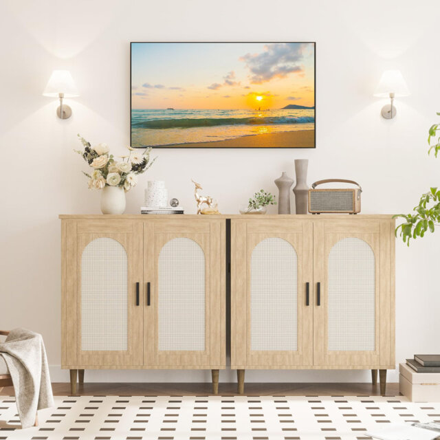 Rattan Buffet Cabinet with Storage, Single Door Accent Console Table for Entryway, Dining Room & Kitchen, Compact Sideboard with Adjustable Shelves, 3