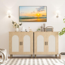 Rattan Buffet Cabinet with Storage, Single Door Accent Console Table for Entryway, Dining Room & Kitchen, Compact Sideboard with Adjustable Shelves, 3