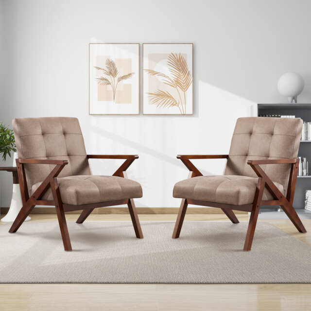 68cm Wide Mid-Century Upholstered Accent Chair With Wooden Armrests & Tufted Seat (Set of 2)