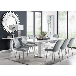 Alezzo Modern High Gloss Extendable Dining Table Set with 8 Luxury Velvet Dining Chairs