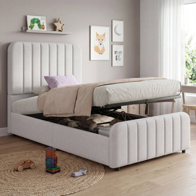 Linen Upholstered Storage Bed 3FT Single Hydraulic Ottoman Bed Frame