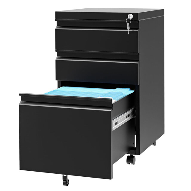 Lockable 3-Drawer Mobile Metal File Cabinet with 2 Keys - Rolling Under-Desk Storage with Adjustable Shelf for Letter/Legal/A4 Files, Black