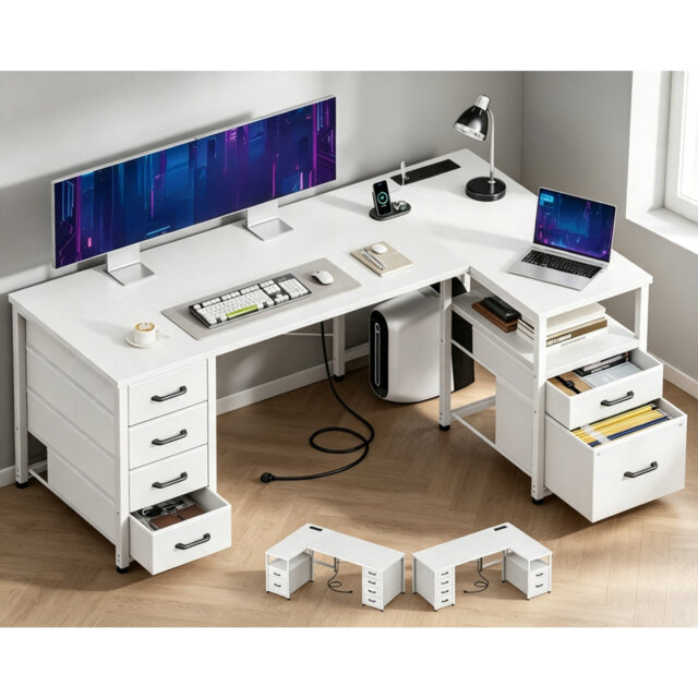 140 x 80 cm L-Shaped Computer Desk with 6 Drawers & Power Outlet, Reversible Corner PC Desk with File Storage, Home Office Workstation for Study,