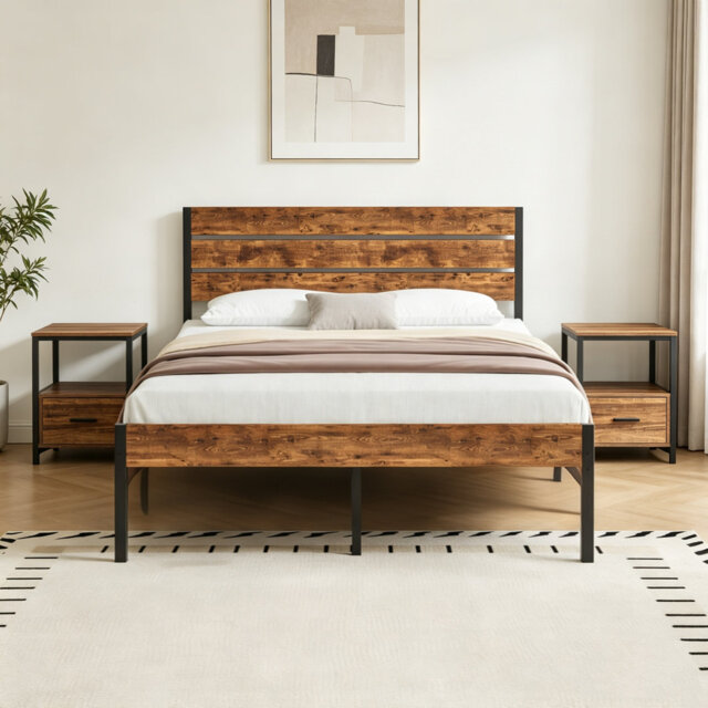 3 Piece Bedroom Set, Industrial Bed Frame with 2 Nightstands Set, Metal Platform Bed with Wood Headboard & Footboard, Farmhouse Bedroom Furniture Set