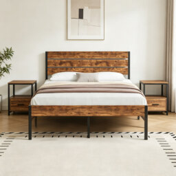 3 Piece Bedroom Set, Industrial Bed Frame with 2 Nightstands Set, Metal Platform Bed with Wood Headboard & Footboard, Farmhouse Bedroom Furniture Set