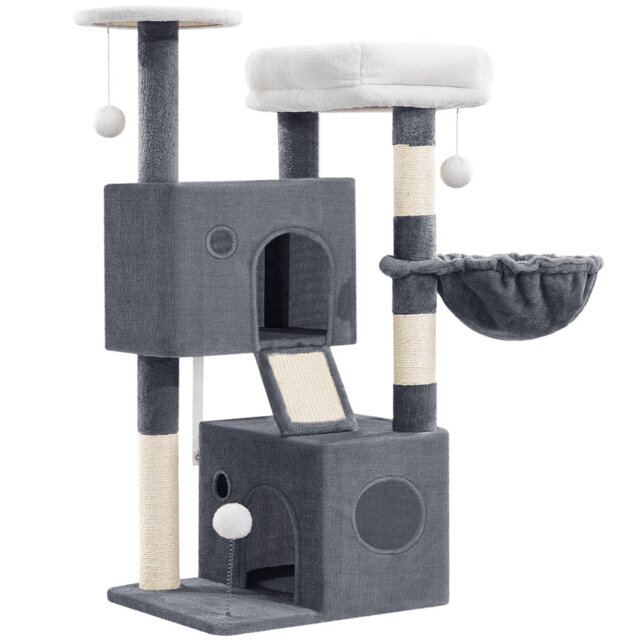 Cat Tree for Indoor Cats, 108 cm Multi-level Cats Tower with Cat Scratching Posts, 2 Cozy Condos, Top Resting Platform, Pompoms, Basket, Scratching Bo
