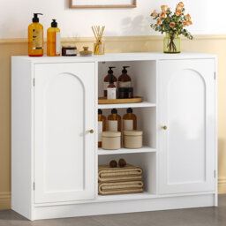 Bathroom Storage Cabinet, Bathroom Floor Cabinet with 3 Open Adjustable Shelves and 2 Doors, Freestanding Bathroom Storage Unit for Living Room, Entry