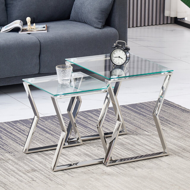 Taoussi 2 - Pieces Luxury Golden Stainless Steel Nesting Tables with Tempered Glass