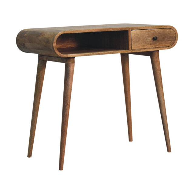 Curved Oak-inspired Solid Wood Writing Desk, 1 Drawer & Open Slot, Brown Nordic Leg Home Office Work Desk