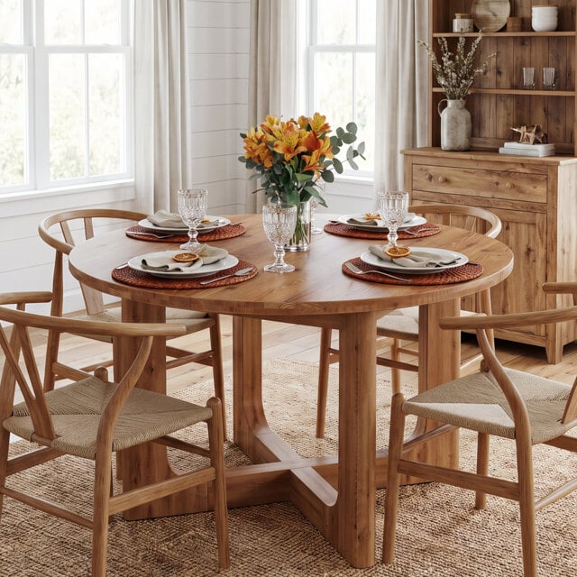 Round Wood Top Dining Table with Wood Base