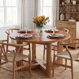 Round Wood Top Dining Table with Wood Base