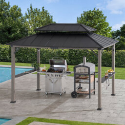 Sunjoy 3.6x2.4m Wood Frame Grill Gazebo, Anthracite Hardtop With Electrical Outlets & Shelves
