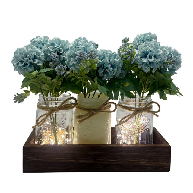 3-Piece Mason Jar Table Centerpiece with Eucalyptus, Wooden Tray & LED Lights, Artificial Flower Decor for Dining Room, Bedroom, Kitchen, Living Room,