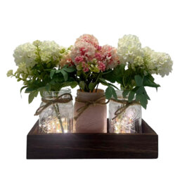 3-Piece Mason Jar Table Centerpiece with Eucalyptus, Wooden Tray & LED Lights, Artificial Flower Decor for Dining Room, Bedroom, Kitchen, Living Room,