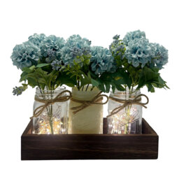 3-Piece Mason Jar Table Centerpiece with Eucalyptus, Wooden Tray & LED Lights, Artificial Flower Decor for Dining Room, Bedroom, Kitchen, Living Room,