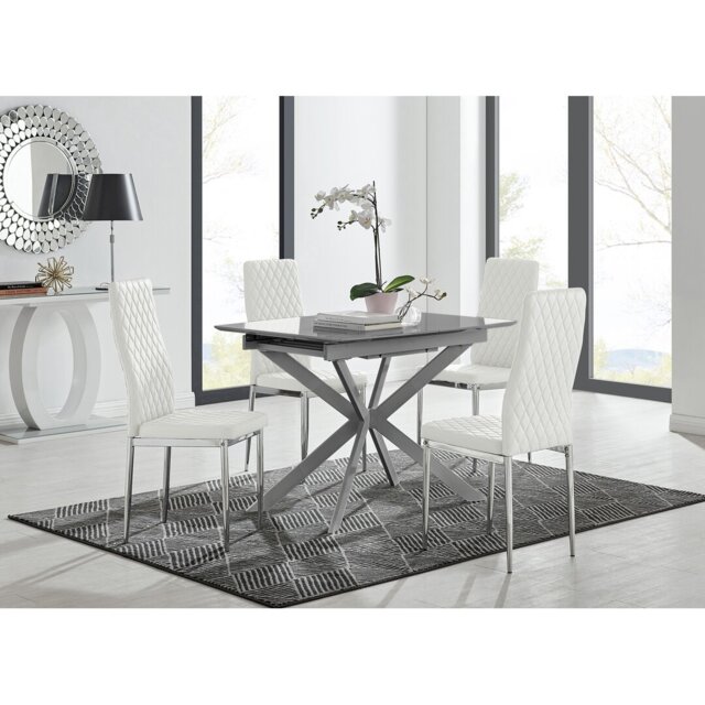 Eubanks Modern High Gloss Extendable Dining Table Set with Luxury Faux Leather Dining Chairs