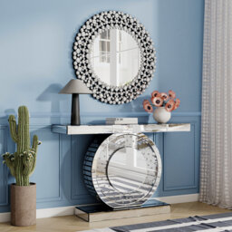 Crystal Mirrored Console Table & Round Crystal Wall Mirror Hallway Set
