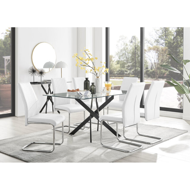 Lenworth Black Metal and Glass Rectangular Dining Table Set with 6 Upholstered Faux Leather Chairs