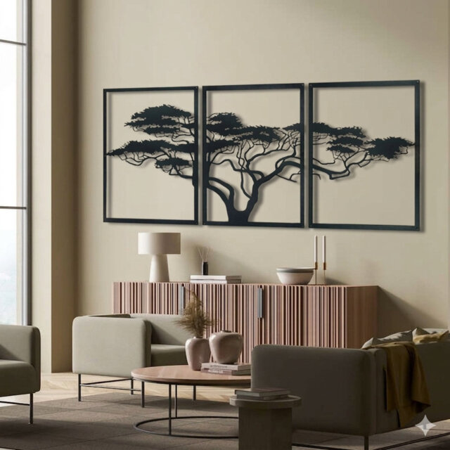 Extra Large Africa Tree 3-panel Metal Wall Art Set 195x96cm Textured Black