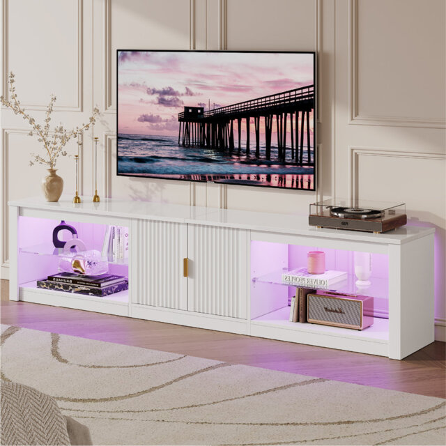 203.2CM Modern Fluted TV Stand with Adjustable Shelf, LED Media Console for 85 Inch TV, Glossy TV Console with Cabinet
