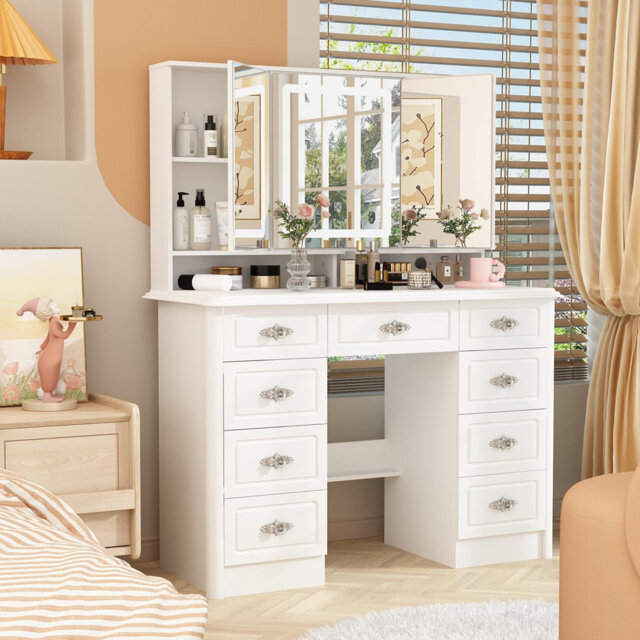 110cm Dressing Table with 9 Drawers & LED Mirror - Hidden Storage Behind Side Mirrors - White