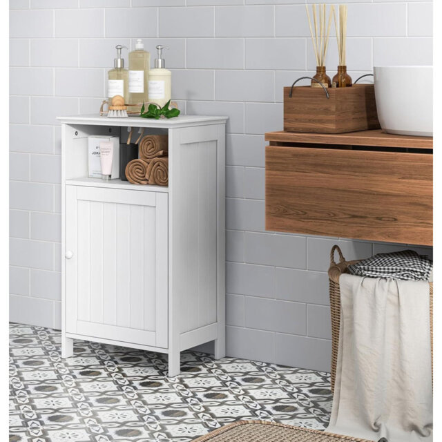 Bathroom Floor Cabinet, Wooden Storage Cupboard with Single Door and Adjustable Shelf