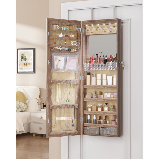 Jewelry Cabinets with Mirror and LED Lights, Door Hanging/Wall Mounted Jewelry Armoire