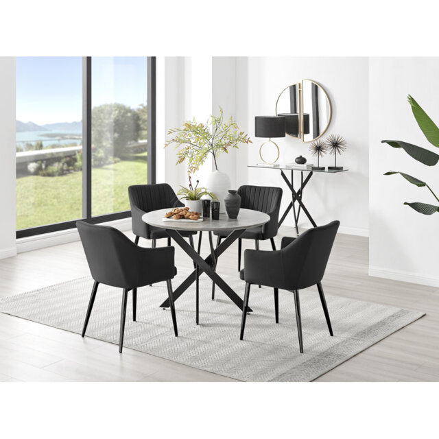 Tierra Modern Chrome Metal & Glass Round Dining Table Set with 4 Luxury Button Velvet Chairs