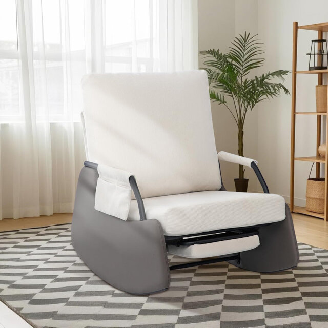 Rocking Recliner Chair For Adults, Modern Upholstered Plush Seating Glider Recliner Chair With Side Pocket, Three Levels Of Adjustment, Modern Nursery