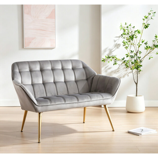 Priella Mid-Century Tufted Fabric Loveseat Sofa Upholstered Couch with Solid Wood Legs Compact Accent Chair for Living Room, Bedroom,Small Spaces