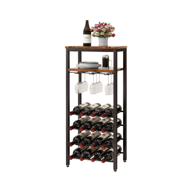 Floor Freestanding Wine Cabinet, 16 Bottles With Glass Holder, Brown