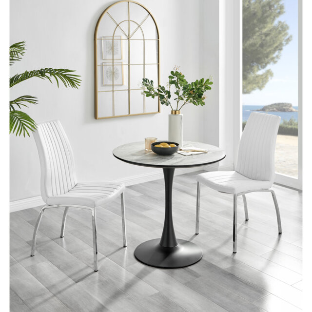 Ellis White Marble Effect Melamine Round Dining Table Set with 2 Soft Touch Faux Leather Chairs