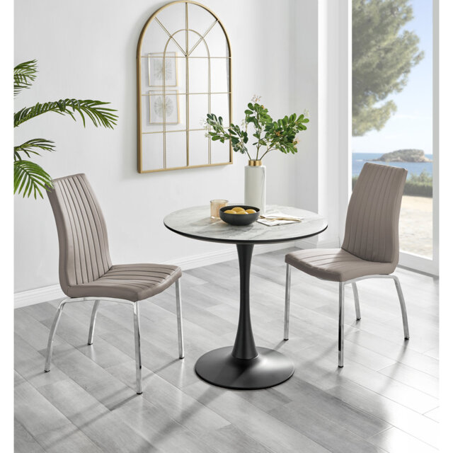 Ellis White Marble Effect Melamine Round Dining Table Set with 2 Soft Touch Faux Leather Chairs