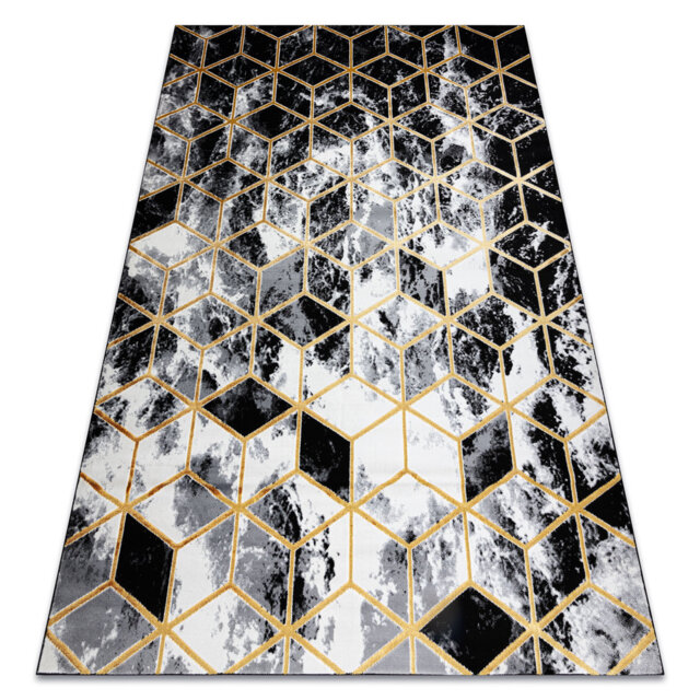 Modern rug GLOSS for the living room, bedroom, study, elegant, glamor, art deco, 3D cube black / gold / gray
