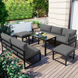 Grey Adjustable Reclining Outdoor Garden Sofa Set with 4-Position Backrest, Full Cushions & Aluminum Frame for Patio Balcony