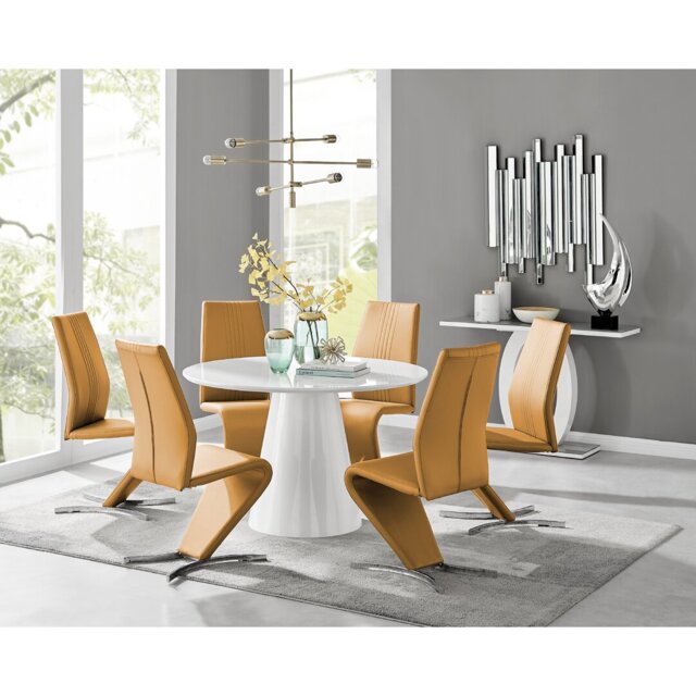 Edzard Statement Pedestal Round Dining Table Set & 6 Luxury Velvet Dining Chairs