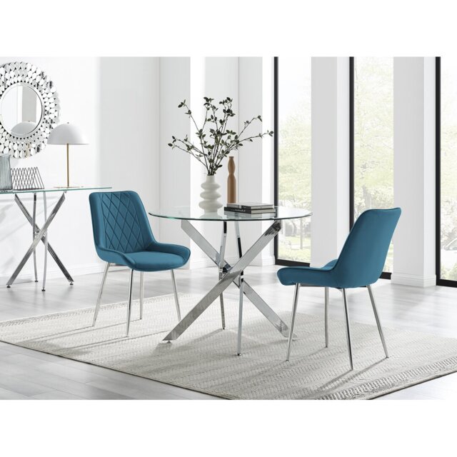 Tierra Modern Chrome Metal & Glass Round Dining Table Set with 2 Luxury Faux Leather Chairs