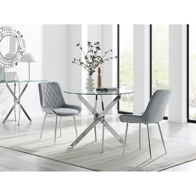 Tierra Modern Chrome Metal & Glass Round Dining Table Set with 2 Luxury Faux Leather Chairs