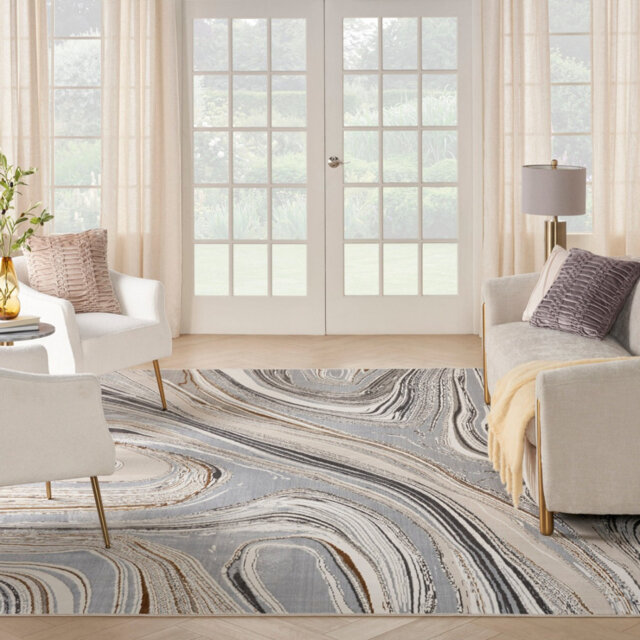 Grey Abstract 10Mm Thick Anti Shed Rug For Bedroom, Dining Room, Stain Resistant Modern Area Rug