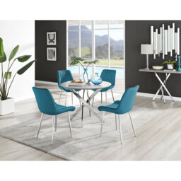 Tierra Modern Chrome Metal & Glass Round Dining Table Set with 4 Luxury Velvet Dining Chairs