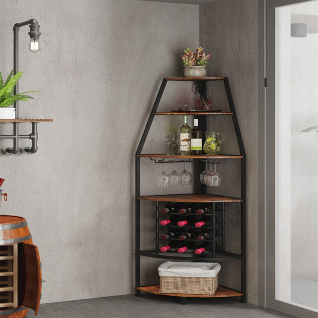 Corner Wine Rack Free Standing Wine Bar Cabinet With Glass Holder And Bottles Wine Storage 5-Tier Wooden Industrial Floor Wine Display Shelf For Home