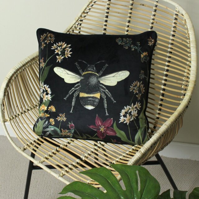 Midnight Garden Bee Velvet Piped Cushion Cover